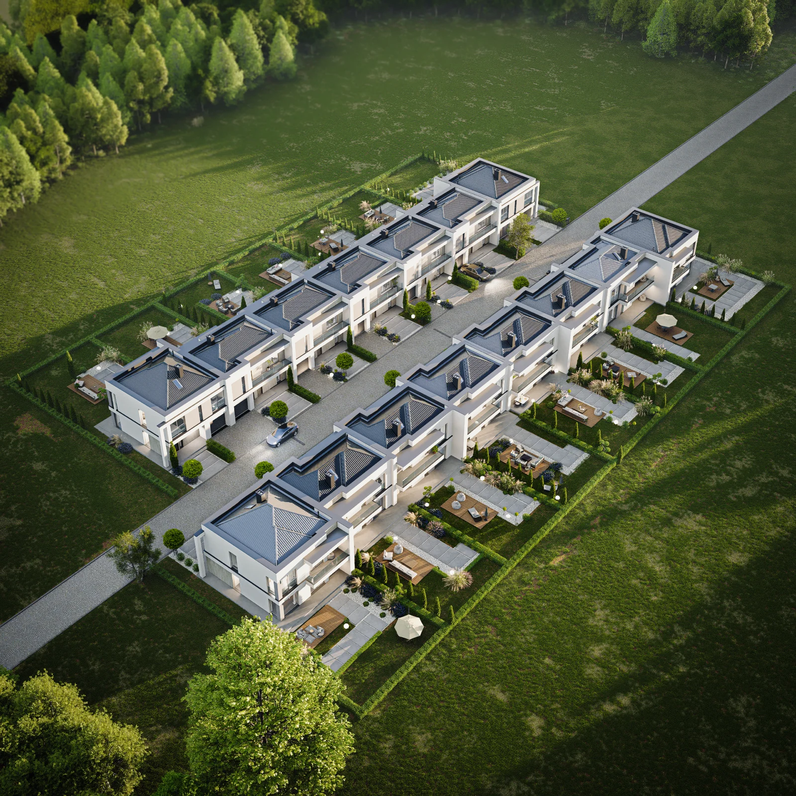 Wizualizacja osiedla Forest15 z lotu ptaka – 15 domów